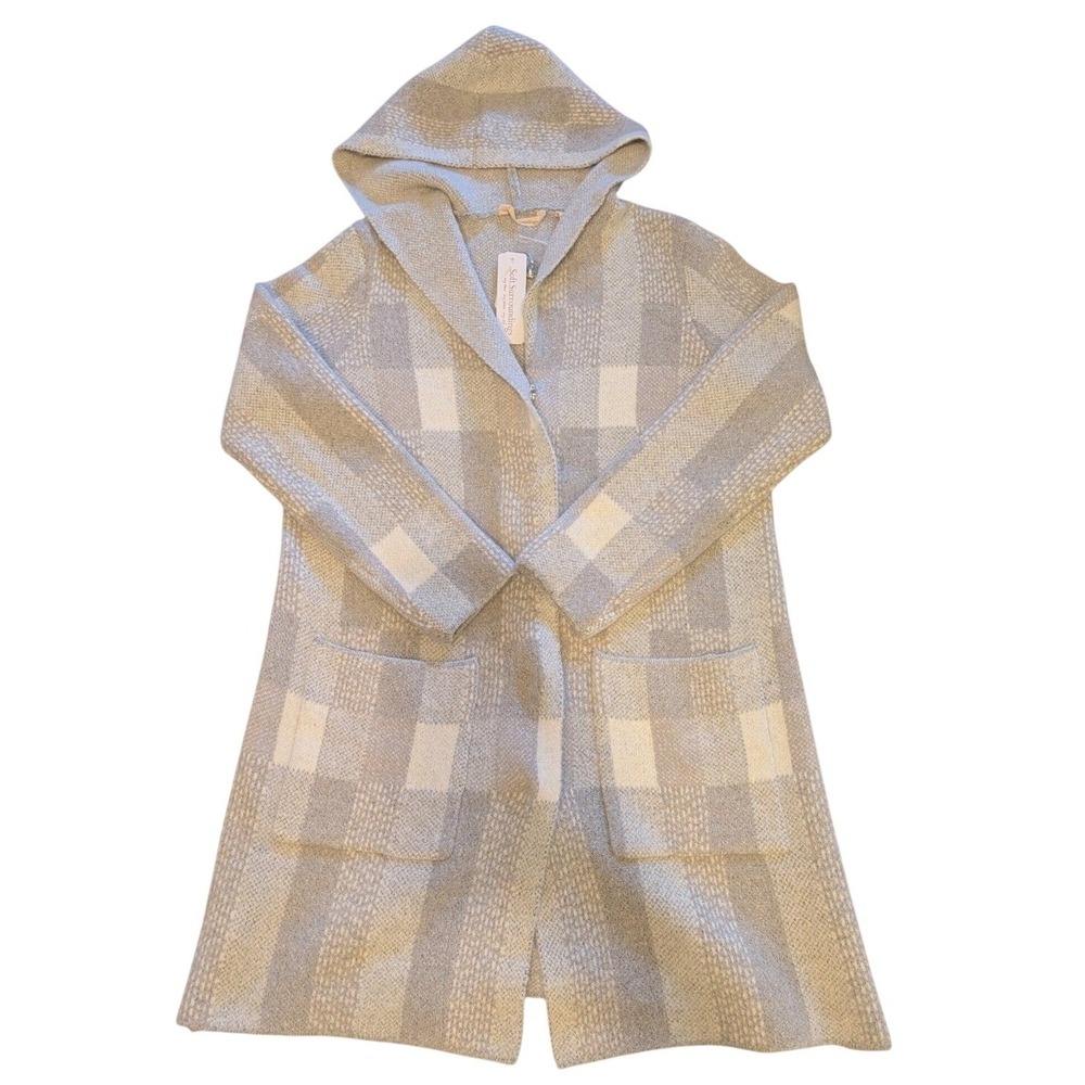Soft Surroundings First Fall Sweater Coat M Gray Plaid Hooded Cardigan Cozy NWT
